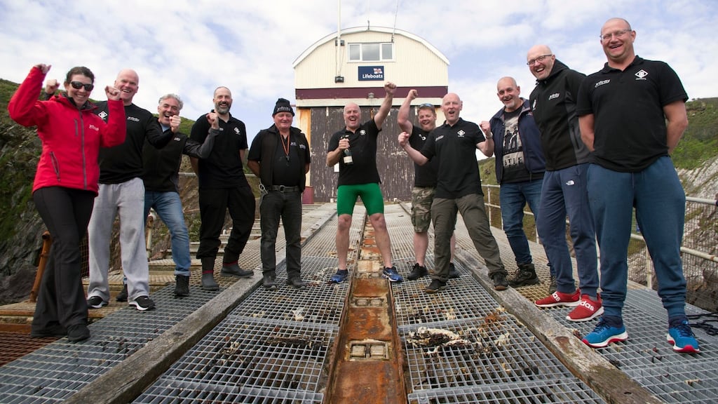 Undated handout photo issued by InfinityChannelSwimming of a group of swimmers from Northern Ireland known as the Oa Giants who are hoping to have set a new world record for a swim from Ireland to Wales. Photograph: InfinityChannelSwimming/PA