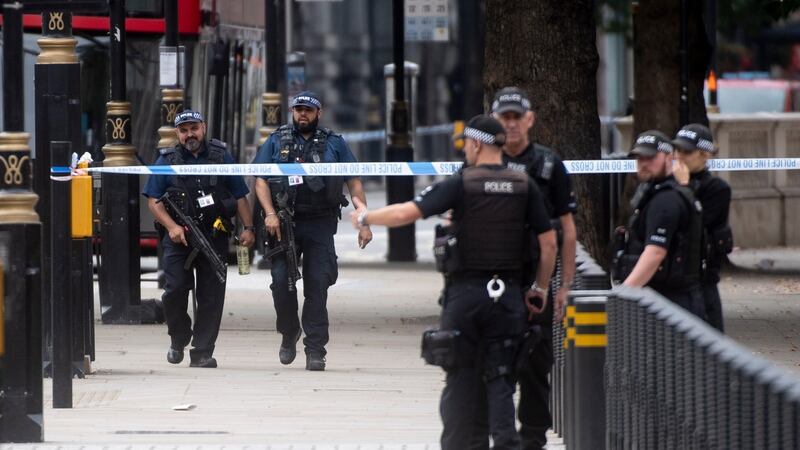 Police and emergency services respond to an incident outside the Houses of Parliament in central London on Tuesday. Photograph: Will Oliver/EPA