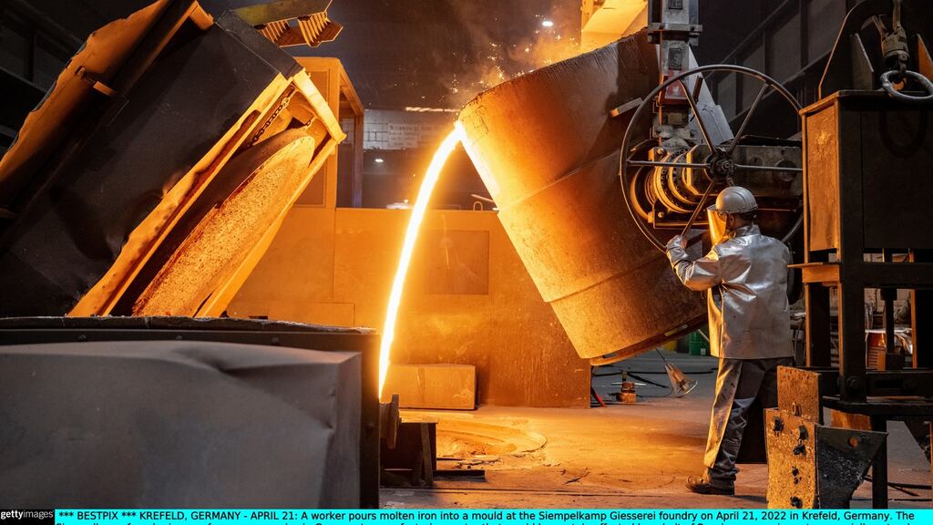 The Siempelkamp Giesserei foundry in Krefeld is one of many companies in Germany’s manufacturing sector that would be acutely affected by a halt of Russian energy imports, especially natural gas. Photograph: Sascha Schuermann/Getty Images