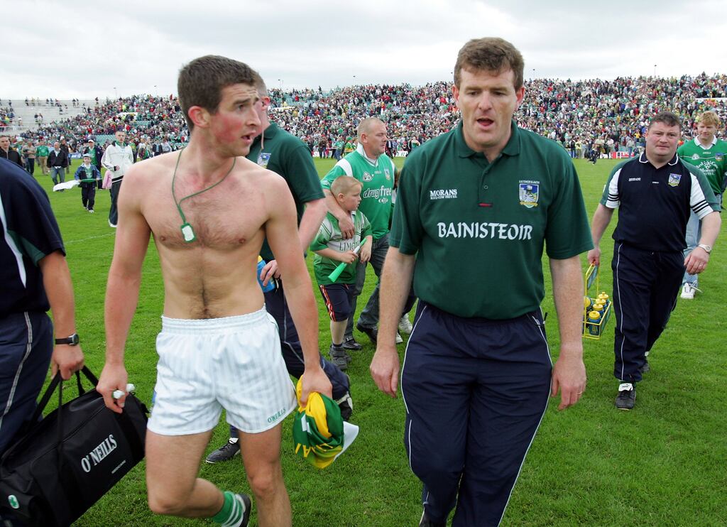 Limerick manager Liam Kearns and Conor Fitzgerald after the drawn 2004 Munster SFC final against Kerry. Photograph: Kieran Clancy/Inpho