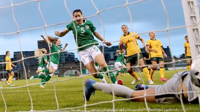 Ireland’s Niamh Fahey celebrates after her team’s opening goal in a game at Tallaght Stadium. Photograph: James Crombie/Inpho