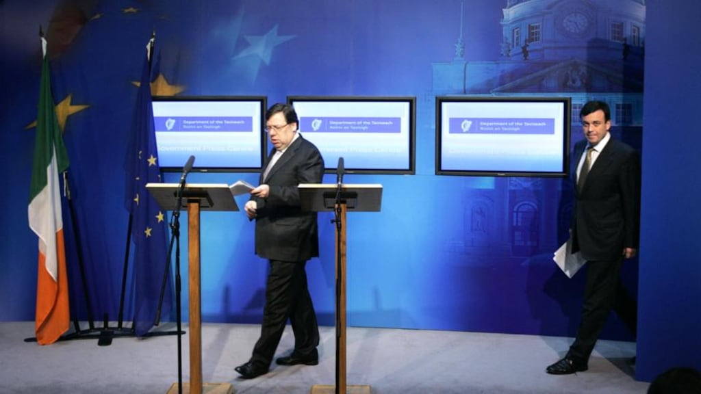 Then taoiseach Brian Cowen and Brian Lenihan, minister for finance, making a statement following the Cabinet meeting regarding the financial bailout in 2010. Photographer: Dara Mac Dónaill / THE IRISH TIMES