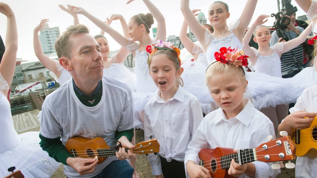 Ryan Tubridy and members of the School of Uke from east Cork at the auditions for the Late Late Toy Show in Cork city. Photograph: Daragh McSweeney/Provision