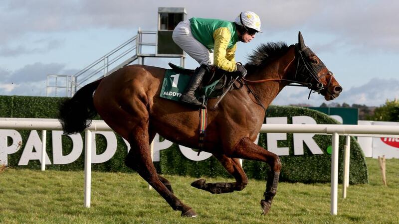 Denis O’Regan on Blair Perrone wins The Paddy Power Maiden Hurdle at Leopardstown. Photograph: Donall Farmer / Inpho