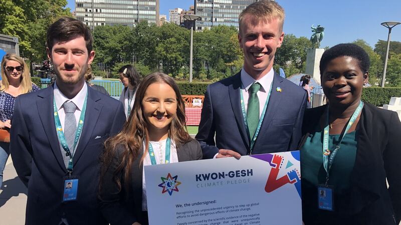 Irish delegates at the UN Youth Climate Summit in New York display the Kwon Gesh Youth Pledge launched on Saturday, which calls on governments to give young people a greater voice in generating climate policy. From left are Jack O’Neill, Alicia O’Sullivan, Jack O’Connor and Valerie Molay. Photograph: Kevin O’Sullivan