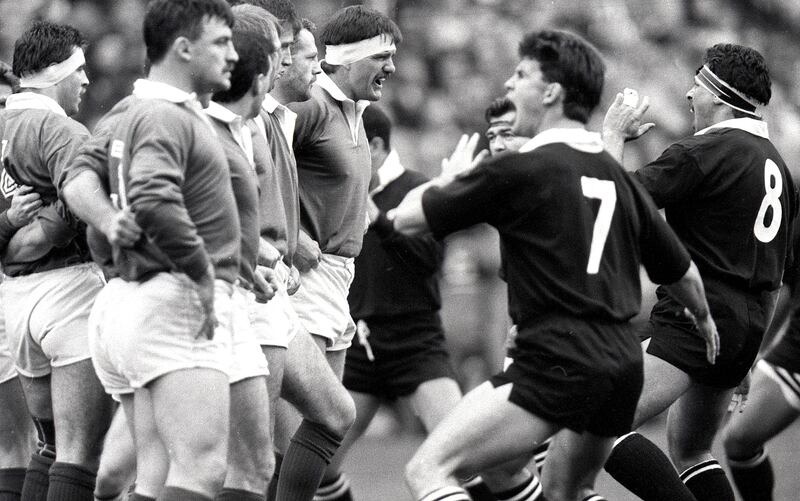 Ireland captain Willie Anderson faces up to New Zealand captain Wayne Shelford as the All Blacks preform 'The Haka' at Lansdowne Road in 1989. Photograph: Billy Stickland/Inpho
