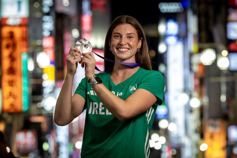 Kate O’Connor with the silver medal she won in the heptathlon at the World Athletics Championships in Tokyo. Photograph: Morgan Treacy/Inpho