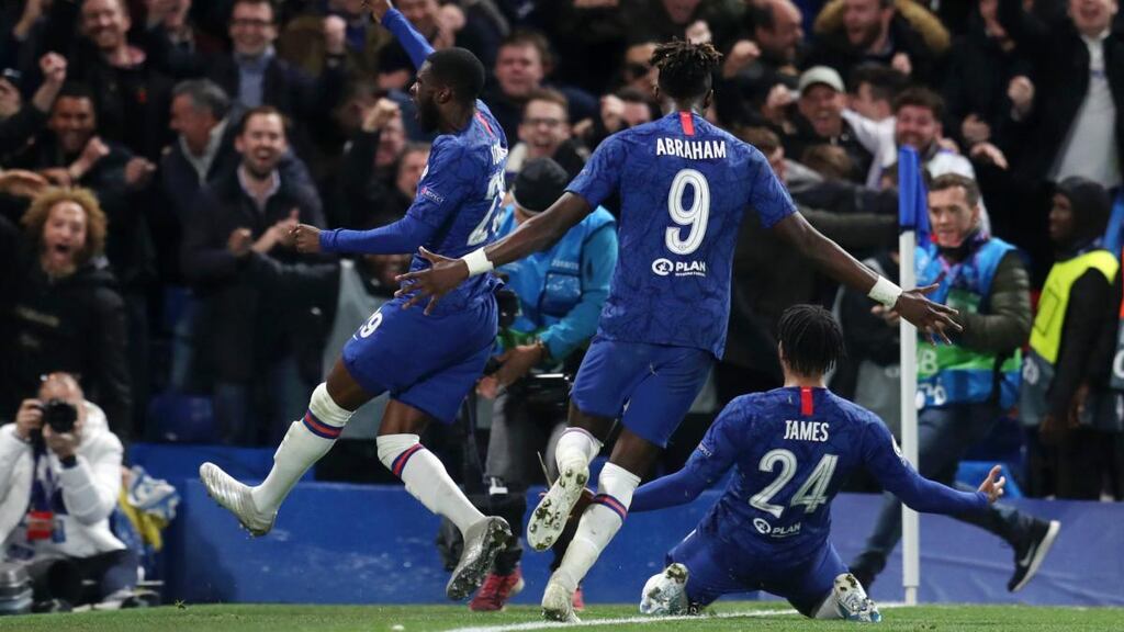 Chelsea celebrate Reece James’s equaliser against Ajax. Photograph: Catherine Ivill/Getty