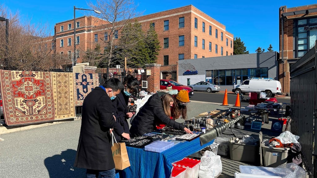 Shoppers at a flea market in Georgetown in Washington, DC, last Sunday. Photograph: Daniel Slim/AFP via Getty Images