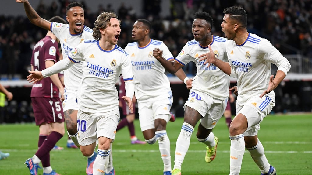 Real Madrid midfielder Luka Modric (second from left) celebrates with teammates after scoring a goal against Real Sociedad at the Santiago Bernabeu Stadium in Madrid. Photograph: Pierre-Philippe Marcou/AFP