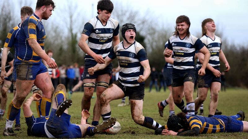 Aaron Platt celebrates scoring Sligo Grammar’s second try of the Connacht chools Senior Cup semi-final against Marist College in Athlone. Photograph: Ryan Byrne/Inpho