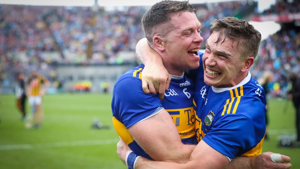 Tipperary’s Pádraic Maher and Brendan Maher celebrate winning the All-Ireland hurling final at Croke Park. Photograph: Oisin Keniry/Inpho