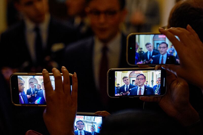 House speaker Mike Johnson affected the role of patient pastor as he made light of the Repubican rebellion. Photograph: Andrew Harnik/Getty Images