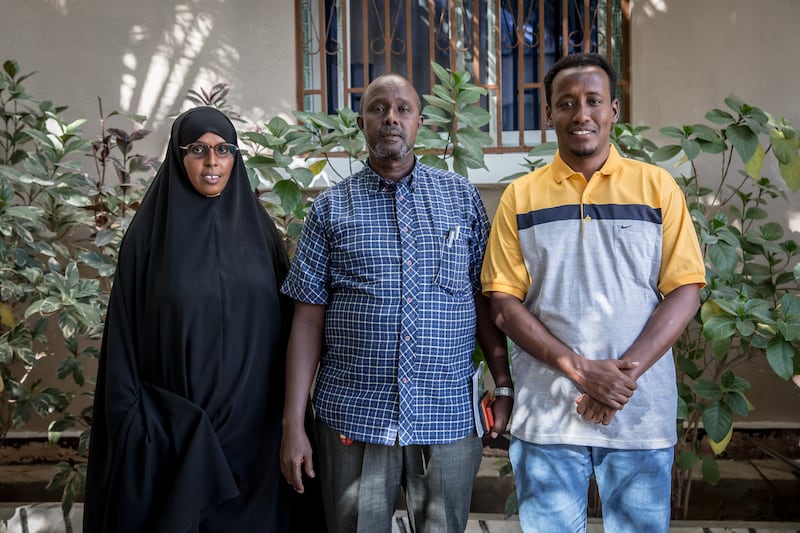 Fatuma Hassan and Abdulkadir Mohamed, who work in Mogadishu's Ali Hussein primary and secondary school, and Mohamed Ali, deputy education programme manager for Concern Worldwide. Photograph: Sally Hayden