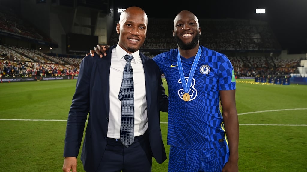 Former Chelsea player Didier Drogba with Romelu Lukaku following the club’s victory over Palmeiras in the Club World Cup final in Abu Dhabi, UAE. Photograph: Darren Walsh/Chelsea FC via Getty Images