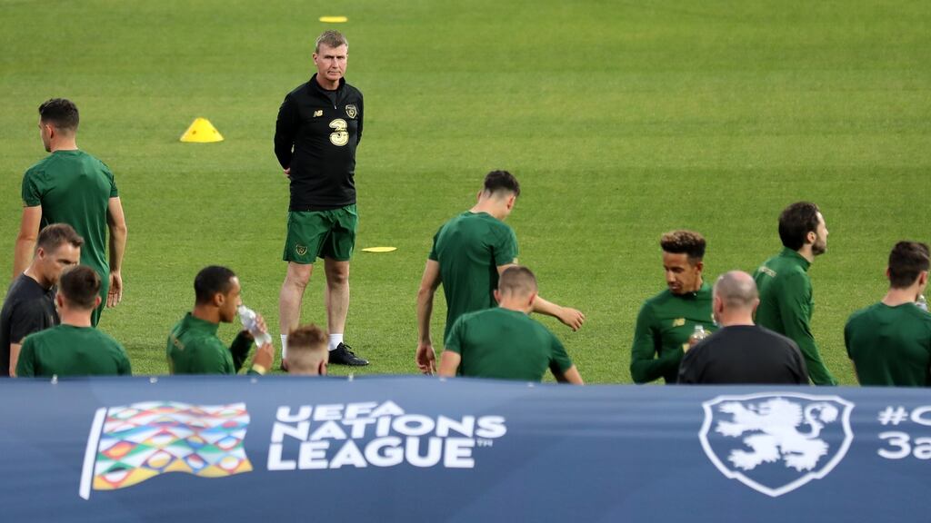 Republic of Ireland manager Stephen Kenny looks on during a training session at the Vasil Levski National Stadium in Sofia on Wednesday. Photograph: Kostadin Andonov/Inpho