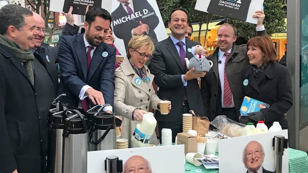 Taoiseach Leo Varadkar (centre right) canvassing with Fine Gael ministers in support of Michael D Higgins in Dublin. Photograph: Cate McCurry/PA Wire