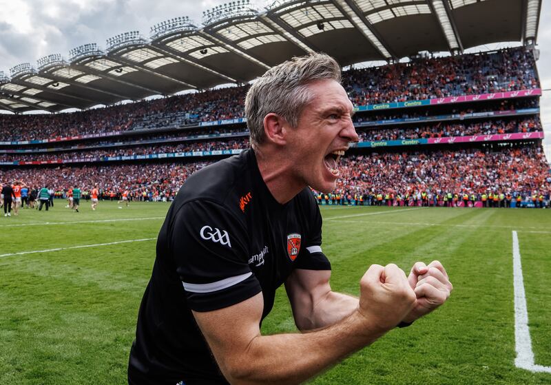 Armagh manager Kieran McGeeney celebrates after his side's All-Ireland final win over Galway. Photograph: James Crombie/Inpho