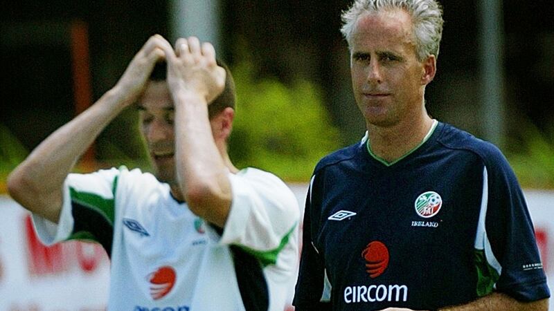 Roy Keane and Mick McCarthy during a practice game in Saipan on May 23rd, 2002. Photograph: Kieran Doherty/Reuters