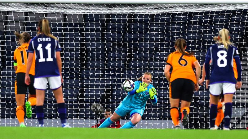 Republic of Ireland goalkeeper Courtney Brosnan makes a crucial penalty save to deny Scotland's Caroline Weir during the World Cup playoff victory at Hampden Park. 'I just remember having a sense of calmness in that moment. I can do this. We have been working on it for so long. Typically she goes to her left. It was a gut feeling.' Photograph: Ryan Byrne/Inpho