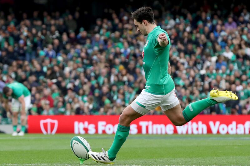 Ireland's outhalf Joey Carbery kicks a conversion. Photograph: Paul Faith/AFP via Getty