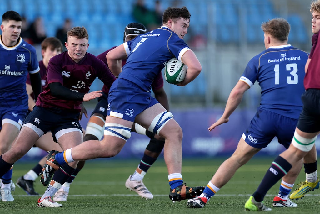 Leinster Development’s Richie Whelan and Jack Murphy of Ireland U20s in action at Energia Park in January 2024. Photograph: Laszlo Geczo/Inpho