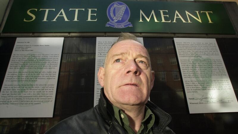 The artist and writer Gerard Mannix Flynn with his “extallation” entitled State Meant. The artist has created the work based on the experiences of those abused in State-funded institutions. Photograph: Frank Miller