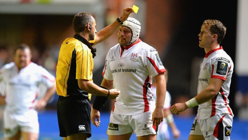 Craig Gilroy of Ulster Rugby is shown the yellow card by referee Romain Poite during the European Rugby Champions Cup Pool 3 match against Leicester Tigers at Welford Road. Photograph: Tony Marshall/Getty Images