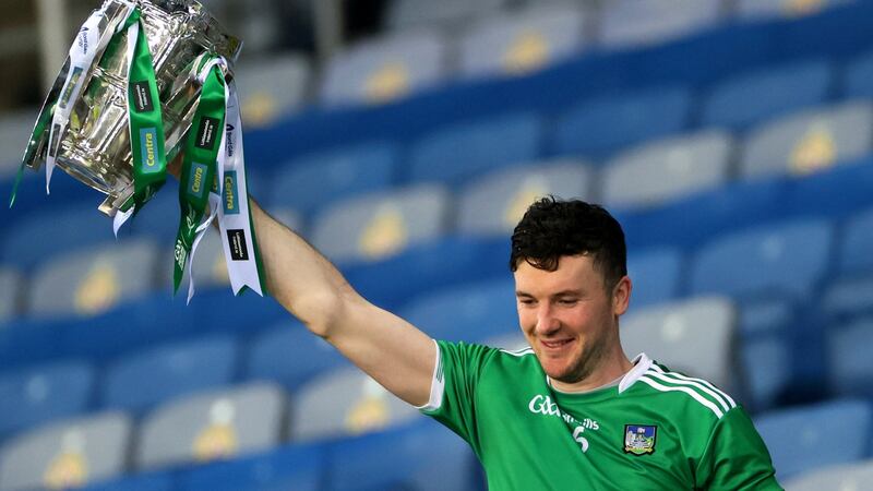 Limerick’s Declan Hannon lifts the Liam MacCarthy Cup after last December’s All-Ireland win over Waterford at Croke Park. Photograph: James Crombie/Inpho