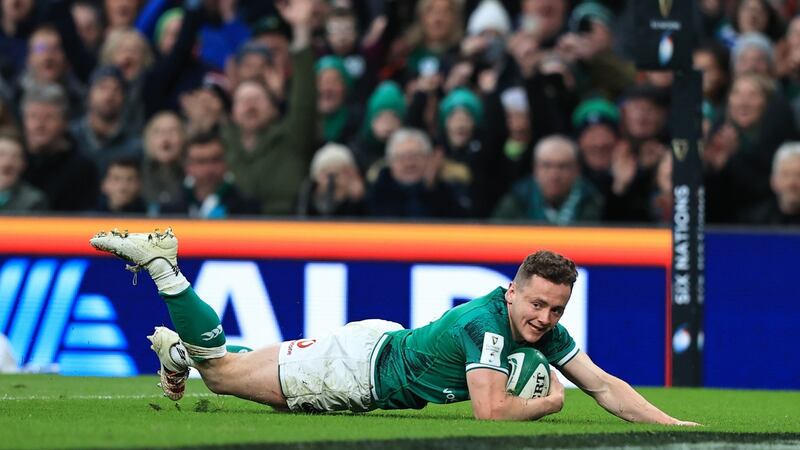 Michael Lowry touches down for his second and Ireland’s sixth try during the Six nations game against Italy at the Aviva Stadium. Photograph: David Rogers/Getty Images