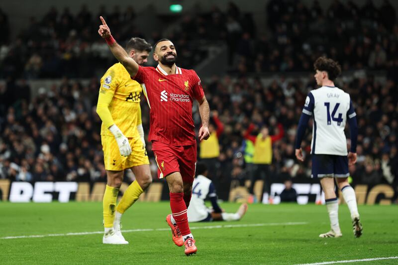 Mohamed Salah of Liverpool celebrates scoring his team's fifth goal. Photograph: Alex Pantling/Getty