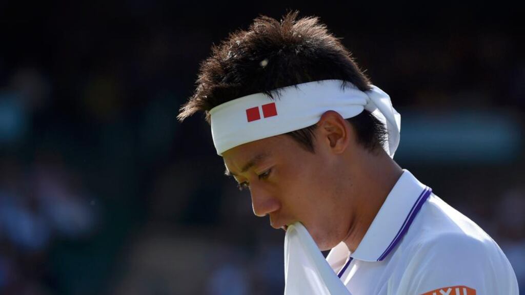 Kei Nishikori has pulled out of his second round match at Wimbledon with a calf injury. Photograph: Reuters