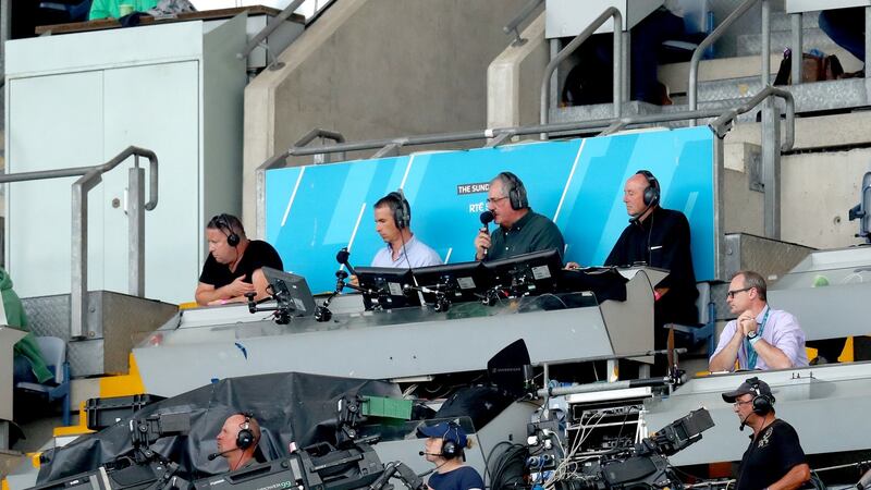 RTÉ’s Dessie Dolan and Ger Canning commentating on a match last year. Photograph: James Crombie/Inpho