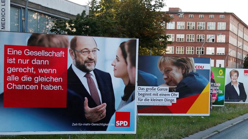 Election campaign posters for the upcoming general elections of the Christian Democratic Union party in Berlin. Photograph: Fabrizio Bensch/Reuters