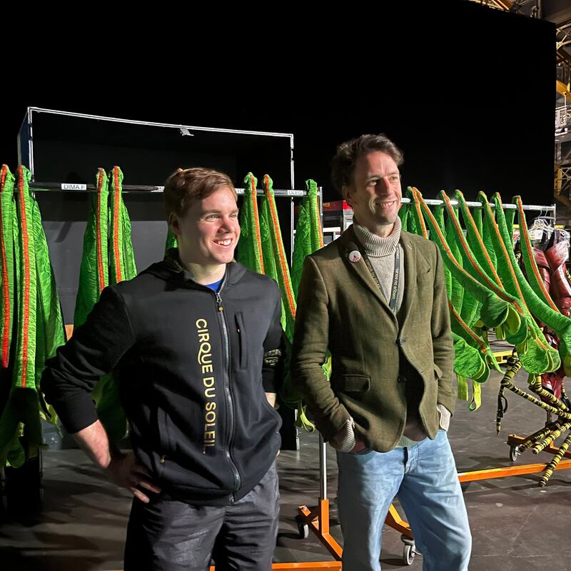 Jorn De Laender, a gymnast who plays a cricket, and Robin Beer, who plays the bluebottle Foreigner, backstage before the show. Photograph: Deirdre Falvey
