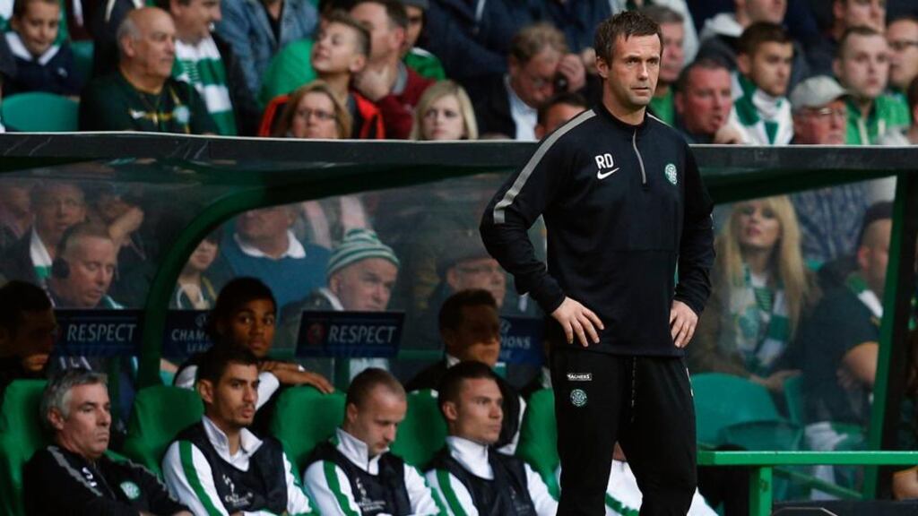 Celtic’s manager Ronny Deila reacts to his side’s defeat to NK Maribor in their Champions League soccer match in Celtic Park Stadium, Glasgow. Photograph: REUTERS/Russell Cheyne