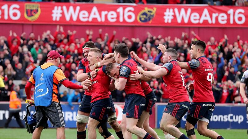 Munster’s Andrew Conway celebrates his try against Toulon with team-mates at Thomond Park in March 2018. Photograph: Dan Sheridan/Inpho