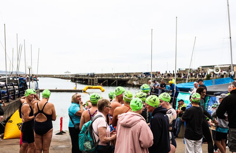 The women’s race gets ready to go ahead at the 95th Swim Ireland harbour swim. Photograph: Evan Treacy
