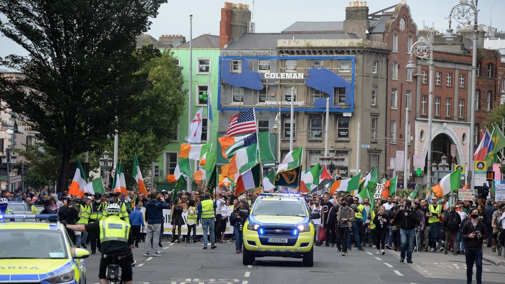 Protesters on D’Olier Street in Dublin on Saturday. Photograph: Dara Mac Dónaill/ The Irish Times