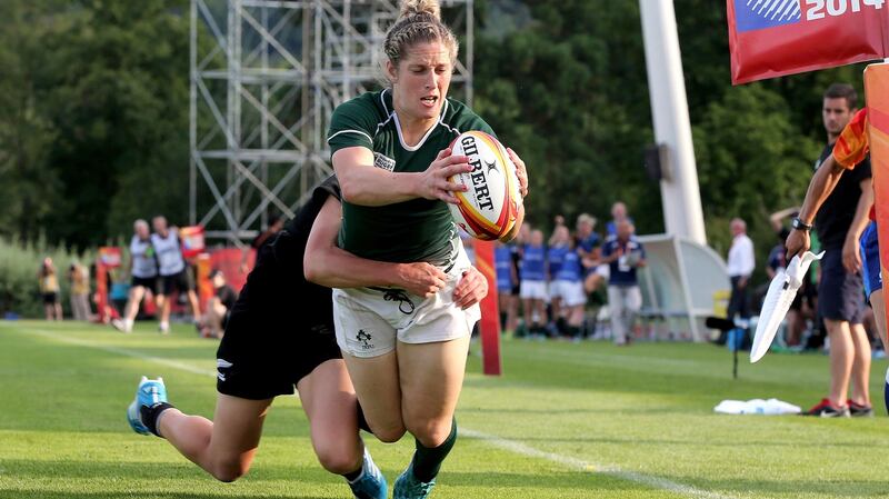 Ireland’s Alison Miller gets over for her try. Photograph: Dan Sheridan/Inpho