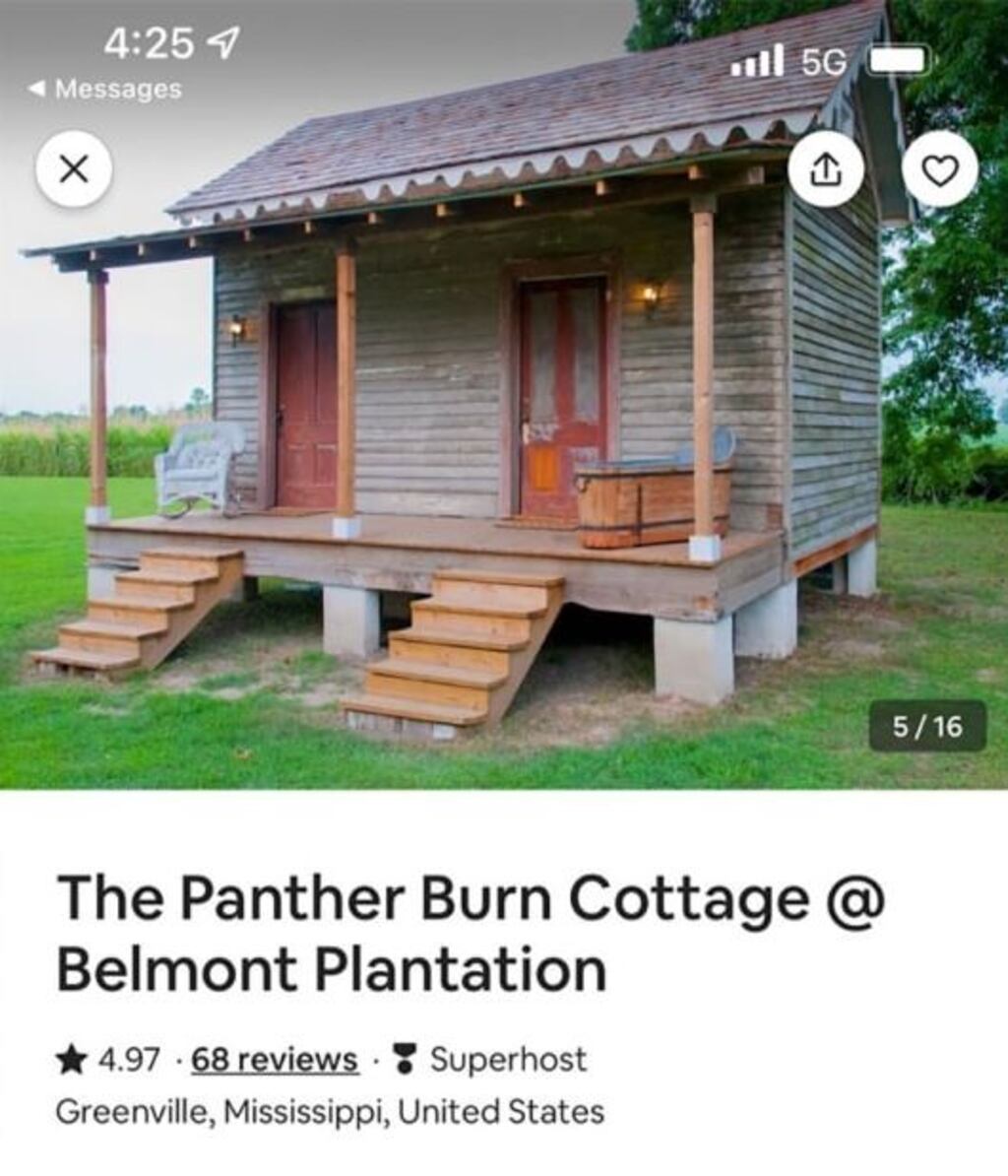 Panther Burn Cottage: part of the removed Airbnb listing for an 1830s slave cabin in Mississippi. Screenshot: TikTok/Wynton Yates