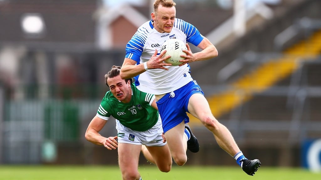 Limerick’s Cian Sheehan tackles Waterford’s Michael Kiely during the Munster SFC quarter-fina;l at the LIT Gaelic Grounds. Photograph: Ken Sutton/Inpho