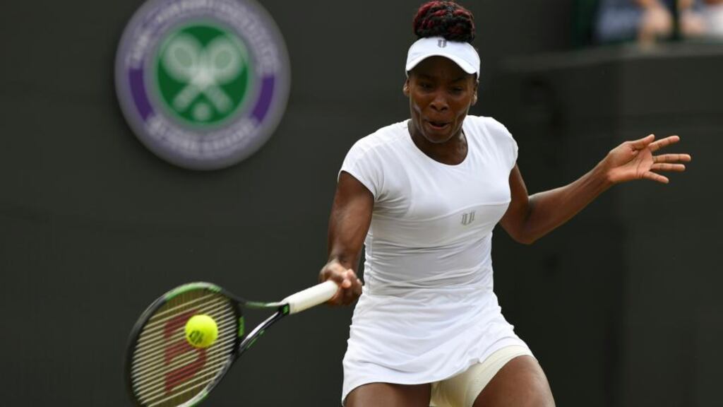 USA’s Venus Williams in action against Kazakhstan’s Yaroslava Shvedova. Photograph: Tony O’Brien/Reuters