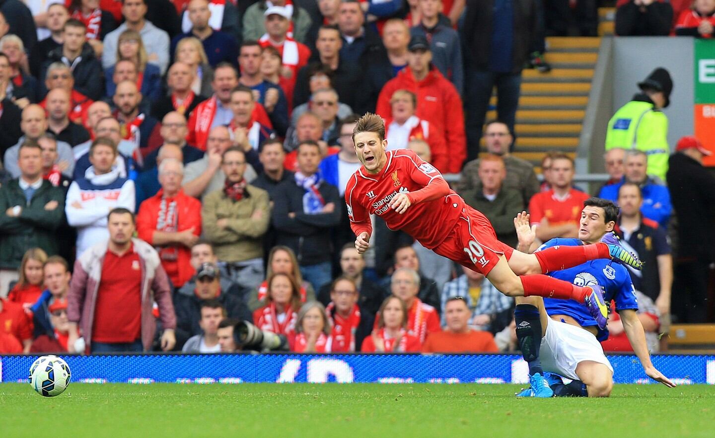 Everton’s Phil Jagielka shoots to score the late equaliser against Liverpool at Anfield. Photograph: Peter Byrne/PA Wire