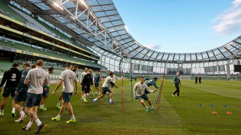Robbie Keane and the Republic of Ireland players training in the Aviva Stadium this evening. Photograph: Morgan Treacy/Inpho