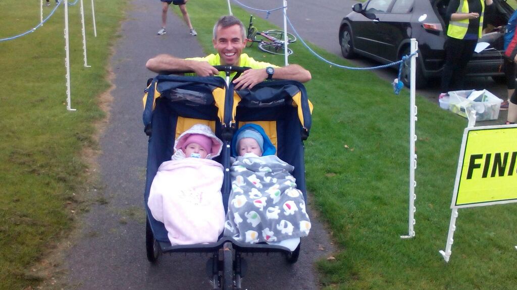 Jamie Killeen with his children, Adam and Sadie: while Jamie runs, his babies get to see the world around them . . . at speed.