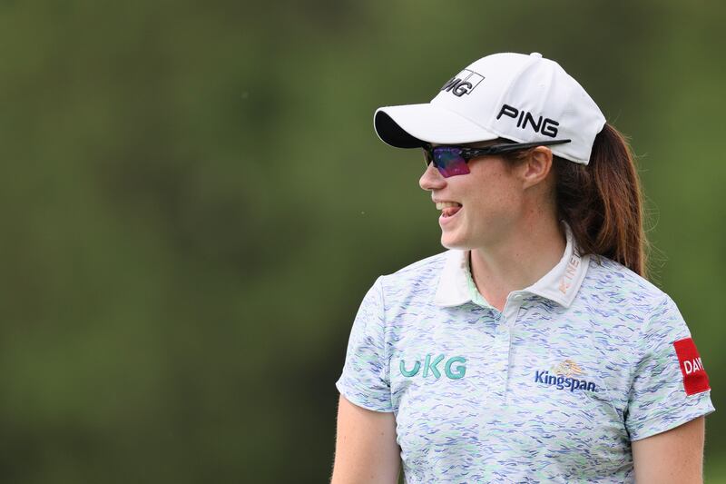 Leona Maguire of Ireland reacts to a birdie putt on the seventh green during the third round of the KPMG Women's PGA Championship at Baltusrol Golf Club in Springfield, New Jersey. She led going into the final round of the Major. Photograph: Andy Lyons/Getty Images