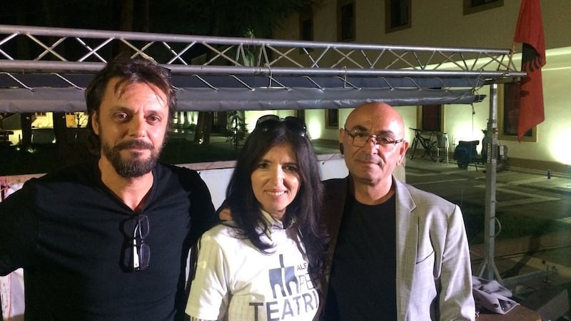 Actor Neritan Licaj, lecturer and former education minister Mirela Karabina and film director Robert Budina are among demonstrators trying to save Albania’s national theatre from demolition. Photograph: Daniel McLaughlin