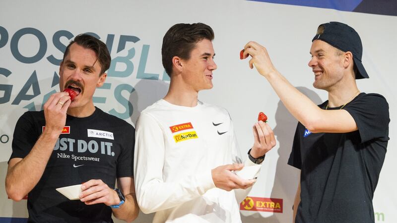 Norwegian middle-distance runners Henrik Ingebrigtsen, Jakob Ingebrigtsen and Filip Ingebrigtsen during a press conference in Oslo in June 2020. Photograph: Fredrik Varfjell/NTB Scanpix/AFP via Getty Images