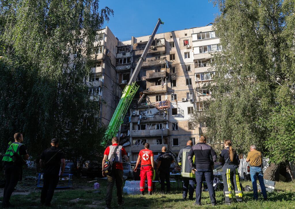 Ukrainian rescuers work at the site of a Russian strike on a nine-storey residential building in Kyiv, Ukraine, on September 7th, 2025